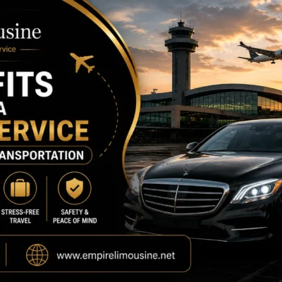 Empire Limousine airport transportation banner with luxury sedan, private jet, chauffeur, and travel benefits