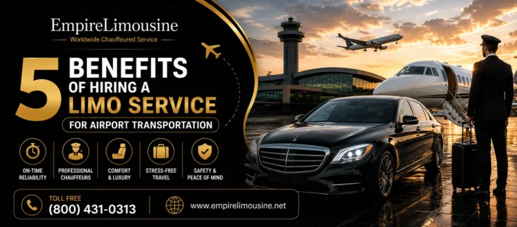 Empire Limousine airport transportation banner with luxury sedan, private jet, chauffeur, and travel benefits