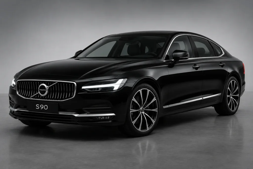 Black Volvo S90 luxury executive sedan exterior parked in premium studio lighting for chauffeur transportation service