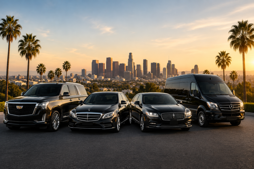 Luxury black limousine fleet with executive SUVs, sedans, and Sprinter van parked in front of the Los Angeles skyline at sunset.