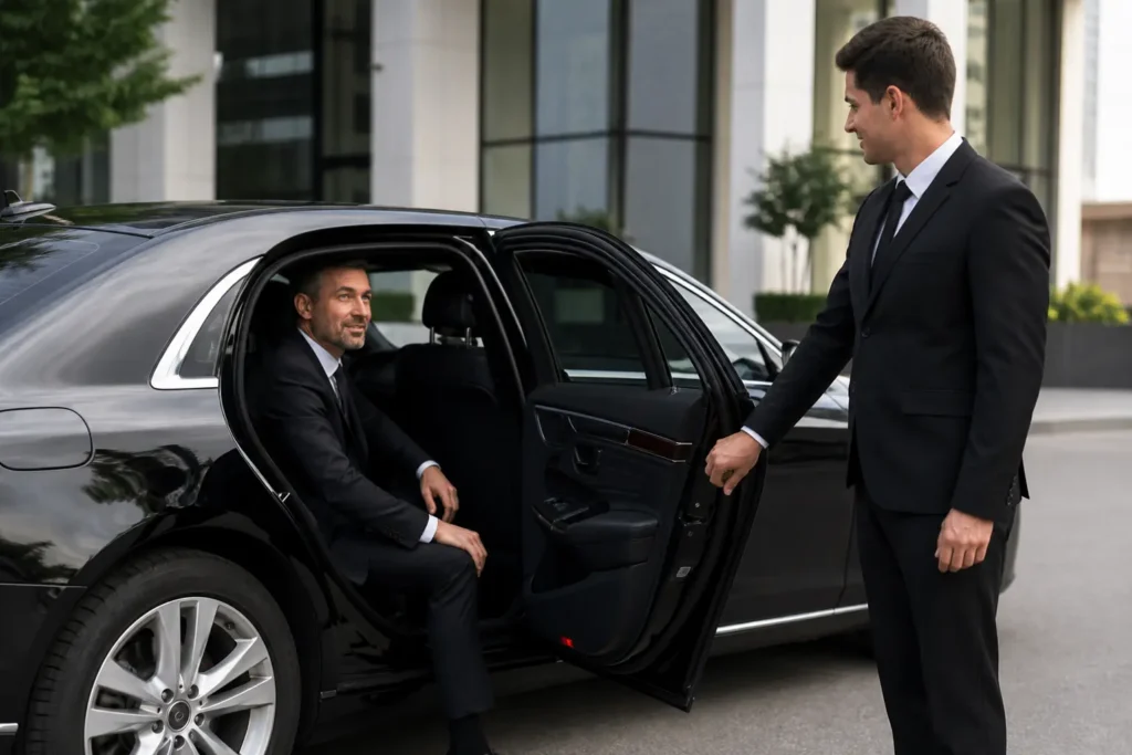 Professional chauffeur opening the door of a luxury black executive sedan for a corporate traveler