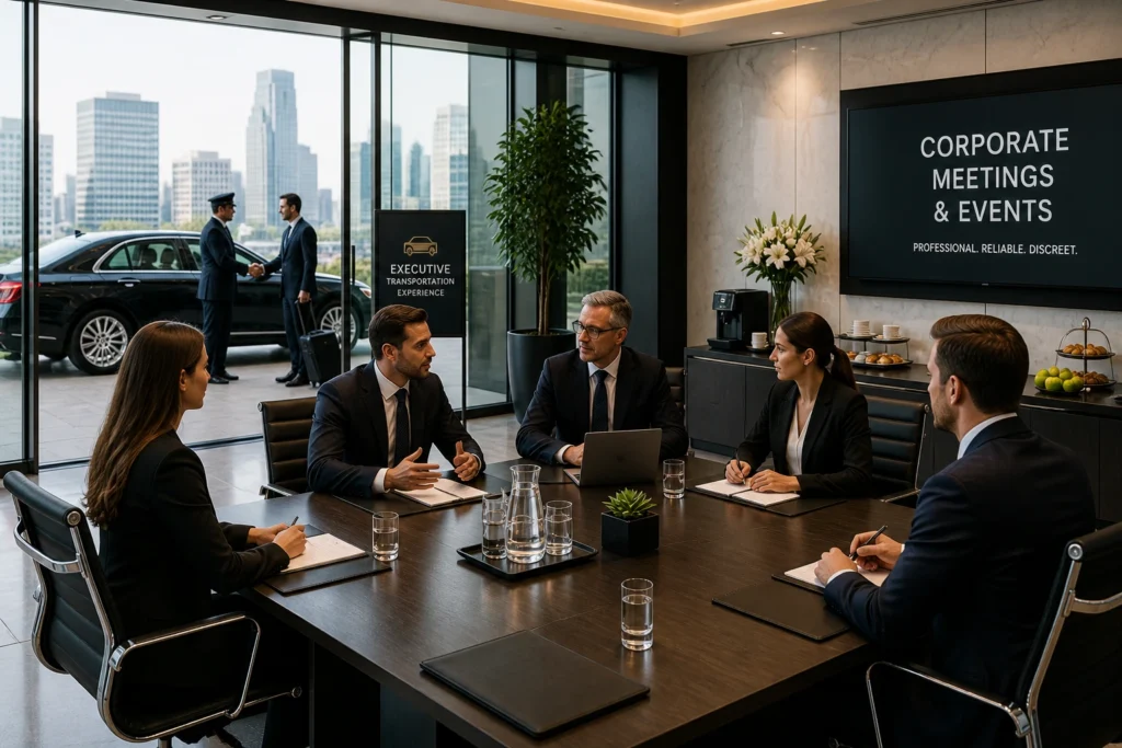 Professional corporate meetings and event transportation with executive chauffeur service, luxury black car, and business travel coordination