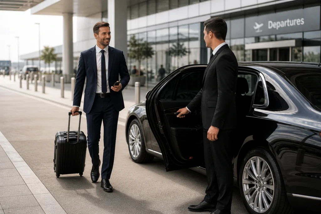 Business traveler arriving from the airport and walking toward a waiting luxury limousine with professional chauffeur service