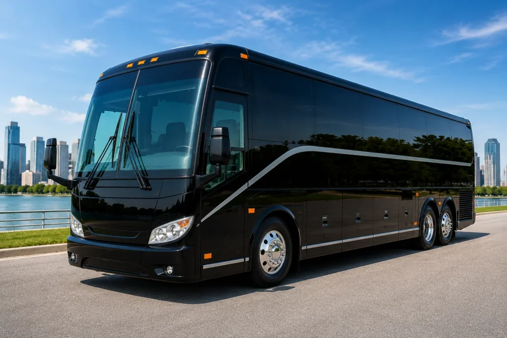 Luxury black coach bus front angle view parked outdoors during daytime
