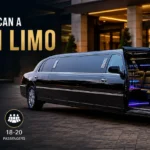 Black luxury stretch limousine with open door showing premium interior seating outside a modern hotel entrance at night