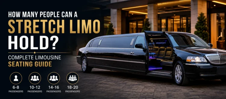 Black luxury stretch limousine with open door showing premium interior seating outside a modern hotel entrance at night