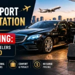 Business traveler standing beside a luxury black airport sedan at terminal entrance compared with ride sharing transportation service