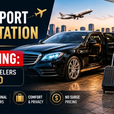 Business traveler standing beside a luxury black airport sedan at terminal entrance compared with ride sharing transportation service