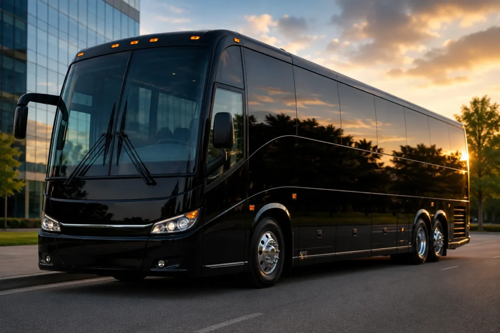 Black luxury charter bus parked on a modern city street during sunset