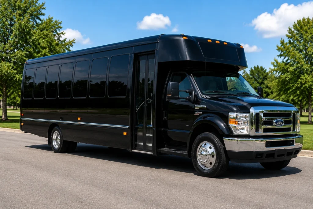 luxury party bus rental front exterior view Empire Limousine