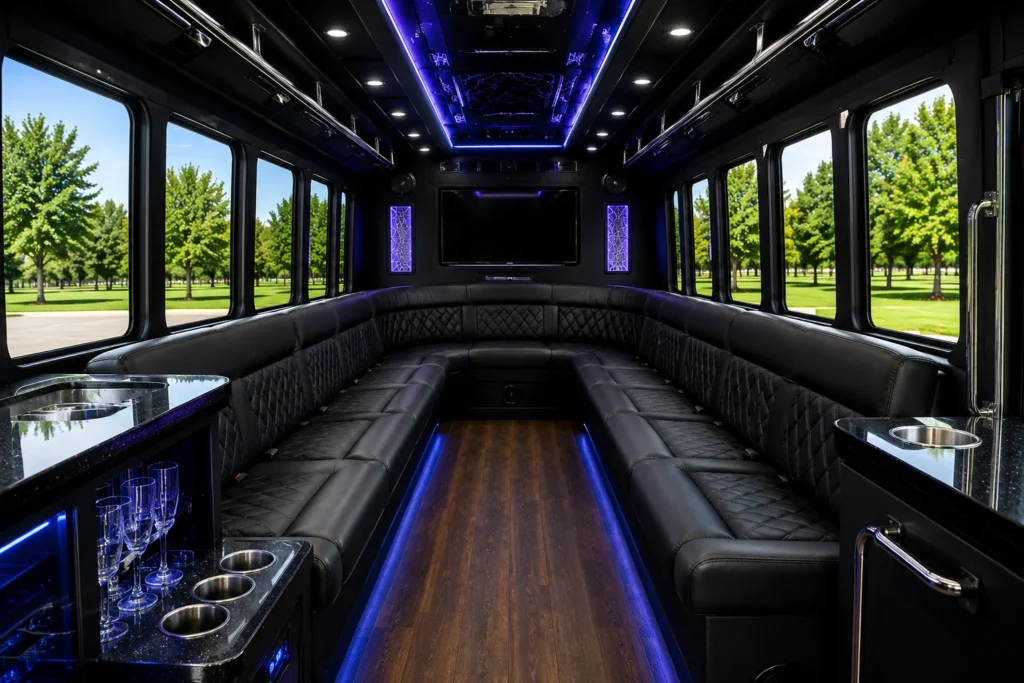 luxury party bus rental interior LED lights VIP lounge seating