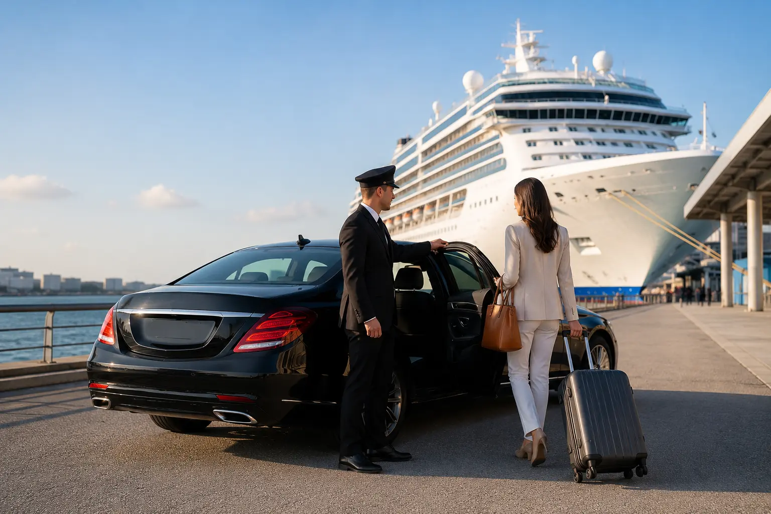 Luxury cruise port transportation service with black SUV near cruise terminal
