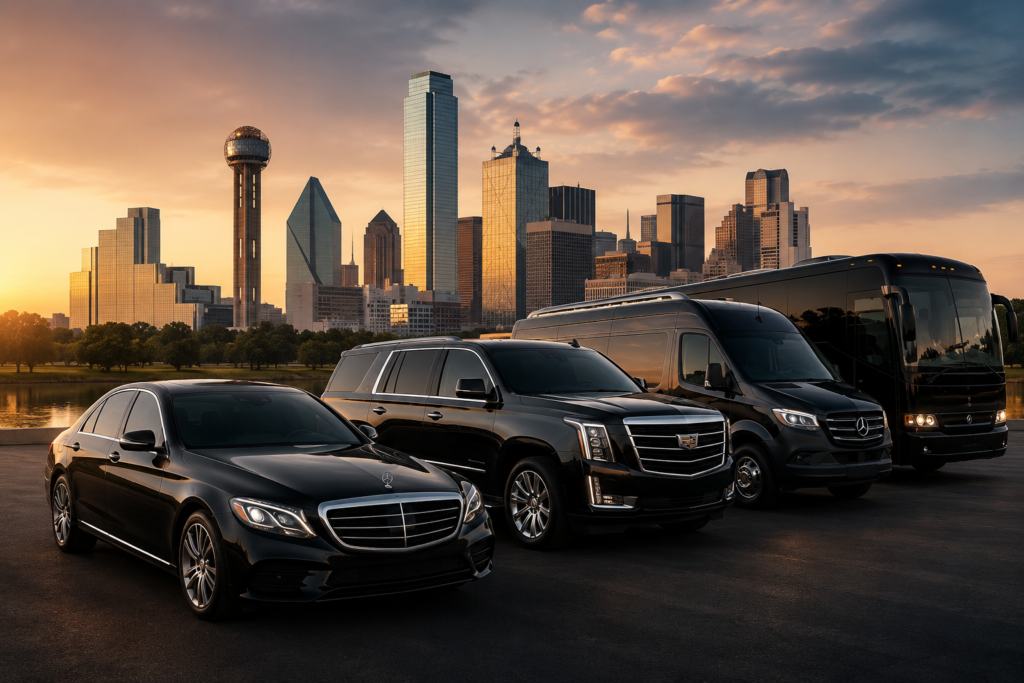 Luxury black sedan, executive SUV, Sprinter van, and chauffeur transportation vehicles parked in front of the Texas city skyline at sunset.