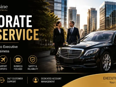 Alt Text: Professional corporate limo service featuring a luxury black executive sedan, professional chauffeur, and business travelers for executive transportation, airport transfers, and corporate events.