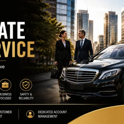 Alt Text: Professional corporate limo service featuring a luxury black executive sedan, professional chauffeur, and business travelers for executive transportation, airport transfers, and corporate events.