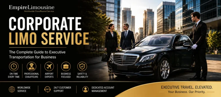 Alt Text: Professional corporate limo service featuring a luxury black executive sedan, professional chauffeur, and business travelers for executive transportation, airport transfers, and corporate events.