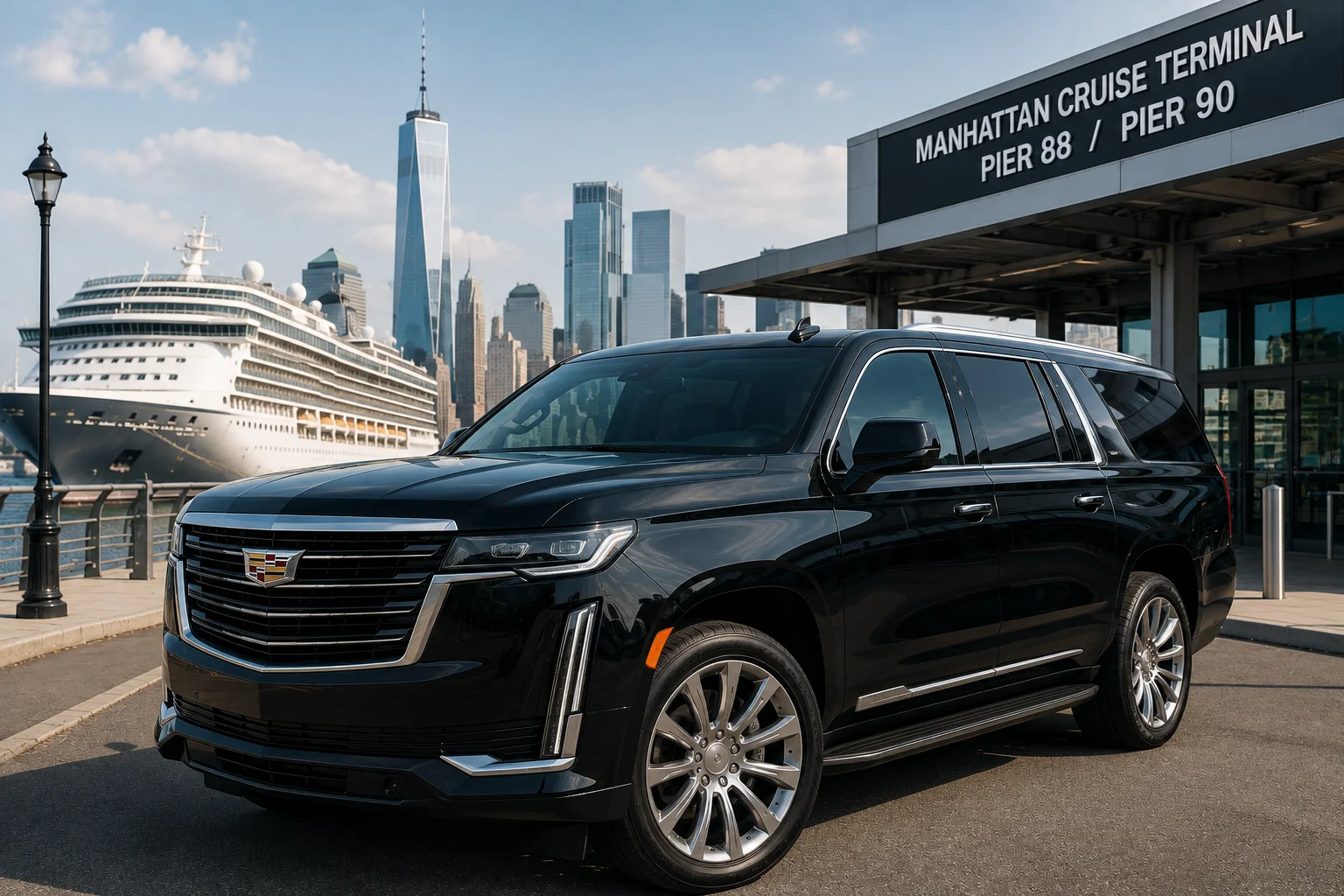Luxury SUV outside Manhattan Cruise Terminal near Pier 88 and Pier 90