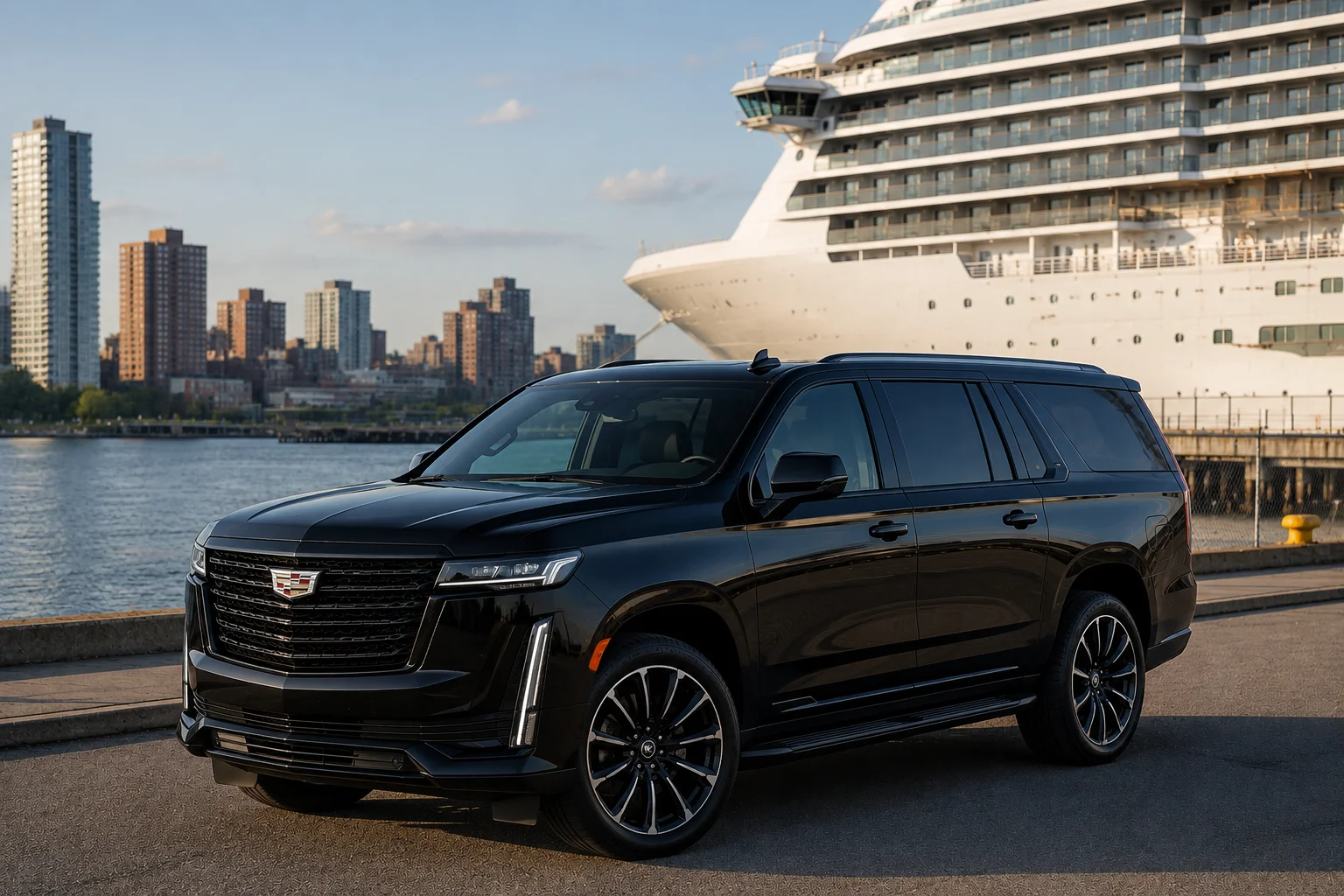 Luxury SUV for Brooklyn Cruise Terminal car service outside Pier 12 in Red Hook Brooklyn