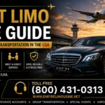 Airport limo service guide banner with black luxury sedan, chauffeur, airport terminal, and toll free booking number