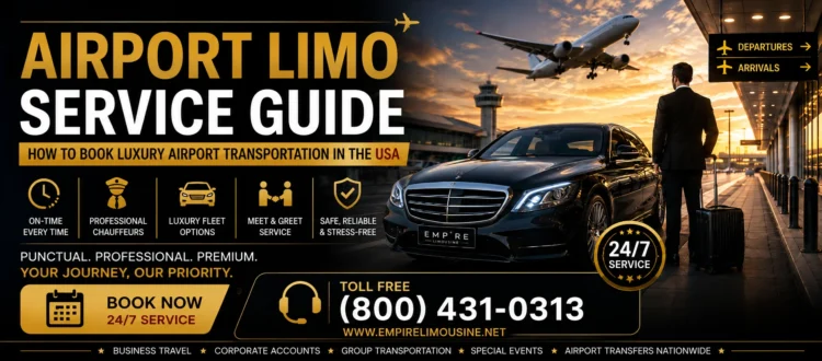 Airport limo service guide banner with black luxury sedan, chauffeur, airport terminal, and toll free booking number