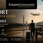 Alt Text: Luxury airport transportation banner featuring a black SUV chauffeur service at Washington DC airport with Empire Limousine branding and DCA, IAD, BWI airport comparison.