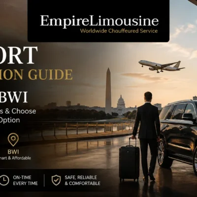 Alt Text: Luxury airport transportation banner featuring a black SUV chauffeur service at Washington DC airport with Empire Limousine branding and DCA, IAD, BWI airport comparison.