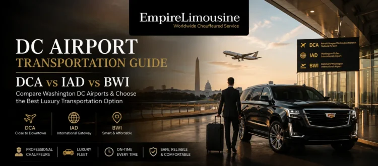 Alt Text: Luxury airport transportation banner featuring a black SUV chauffeur service at Washington DC airport with Empire Limousine branding and DCA, IAD, BWI airport comparison.