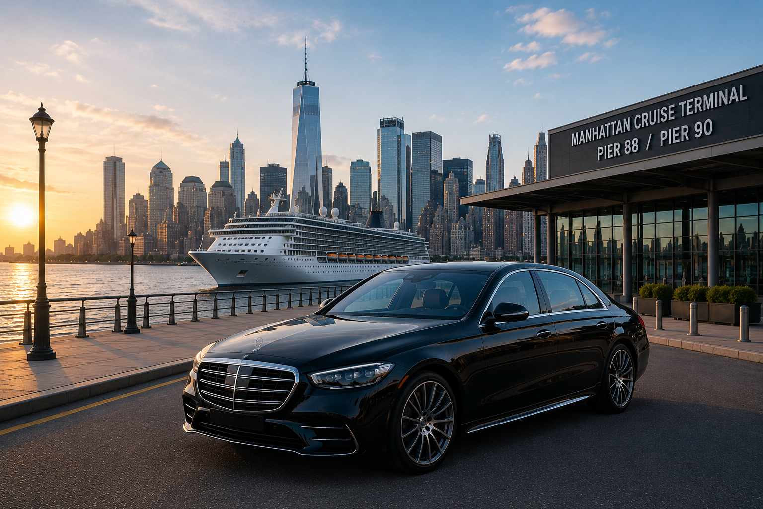 Black luxury sedan near Manhattan Cruise Terminal with cruise ship and city skyline