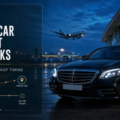 Empire Limousine airport car service flight tracking banner with luxury sedan, professional chauffeur and airport terminal