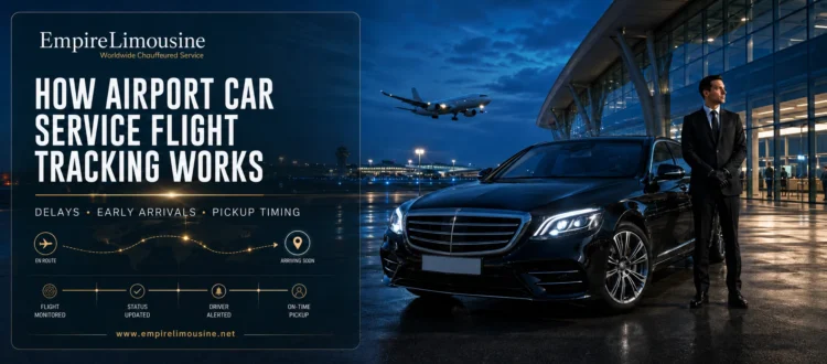 Empire Limousine airport car service flight tracking banner with luxury sedan, professional chauffeur and airport terminal
