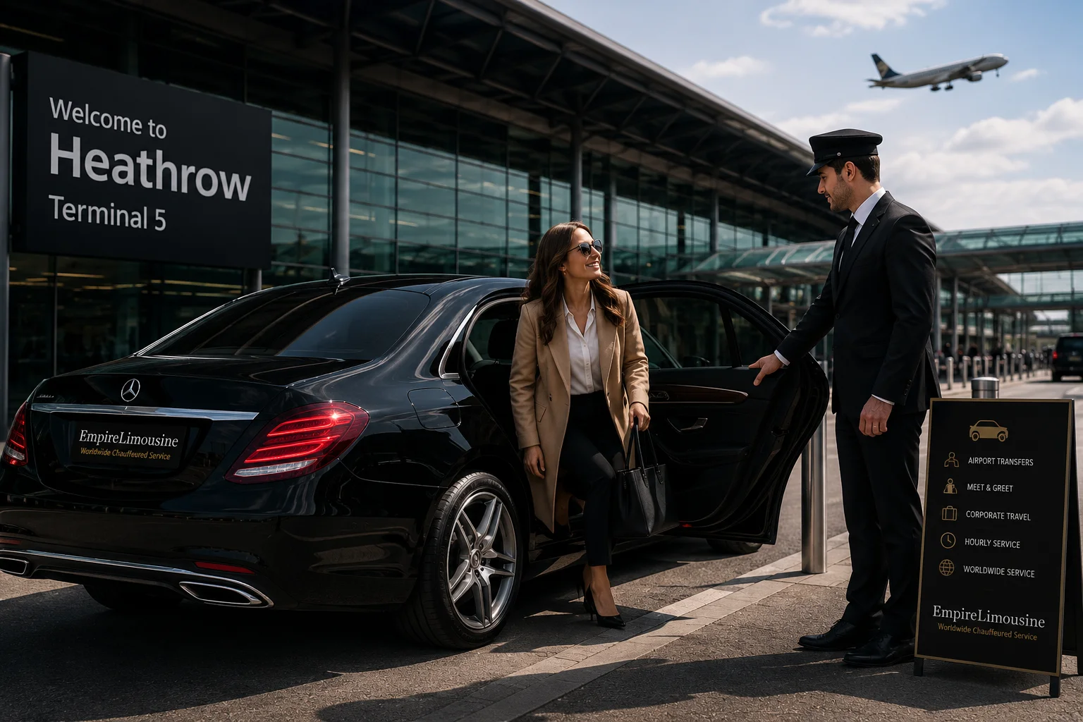 Heathrow Airport transfer chauffeur service at Terminal 5 with luxury black sedan