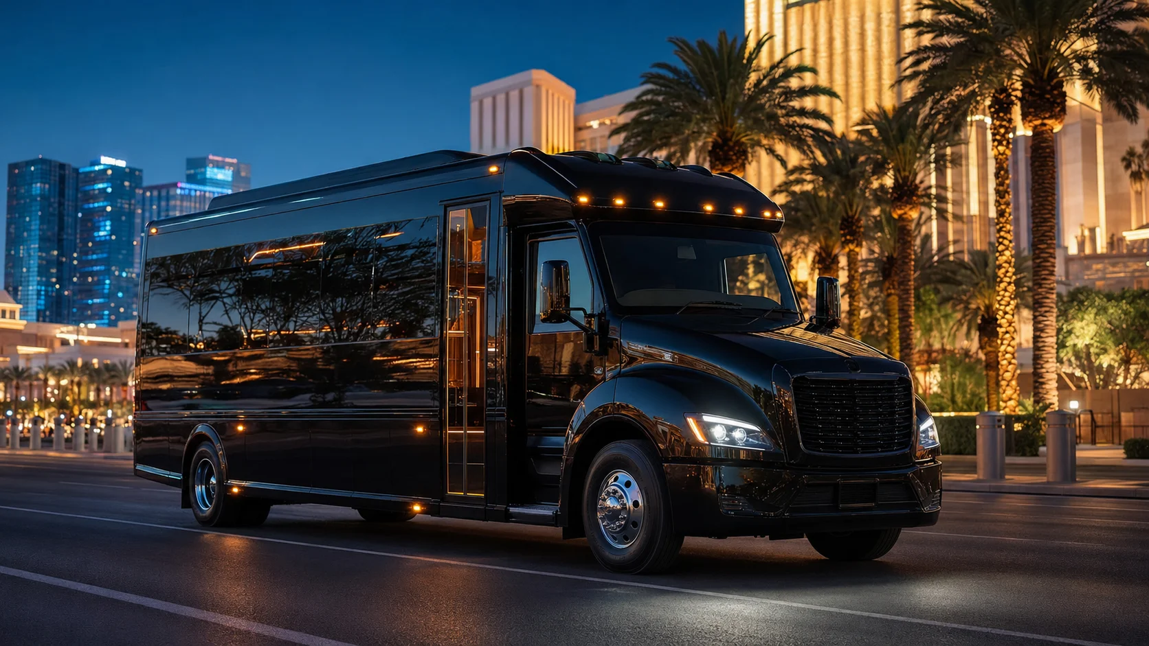 Modern black party bus providing group transportation on the Las Vegas Strip at night