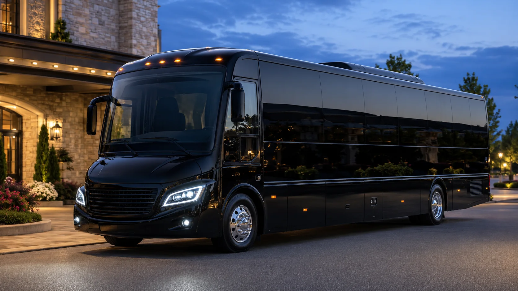 Black luxury party bus for chauffeured group transportation in New Jersey