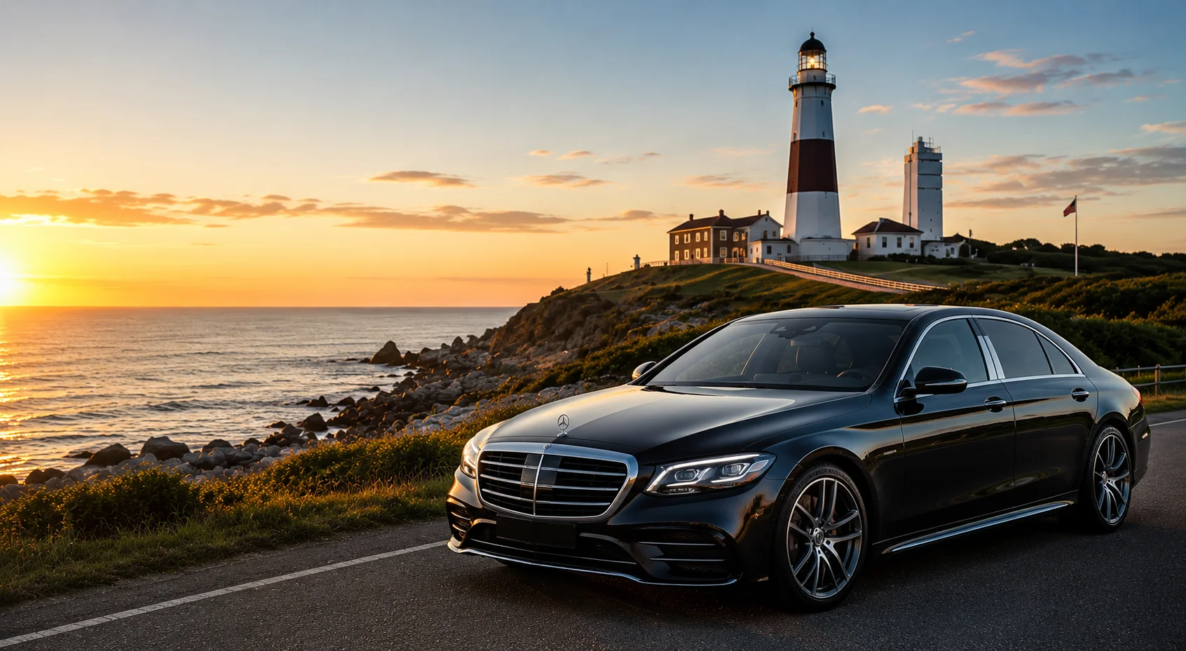 Luxury black chauffeur vehicle for Montauk limo service near the ocean road