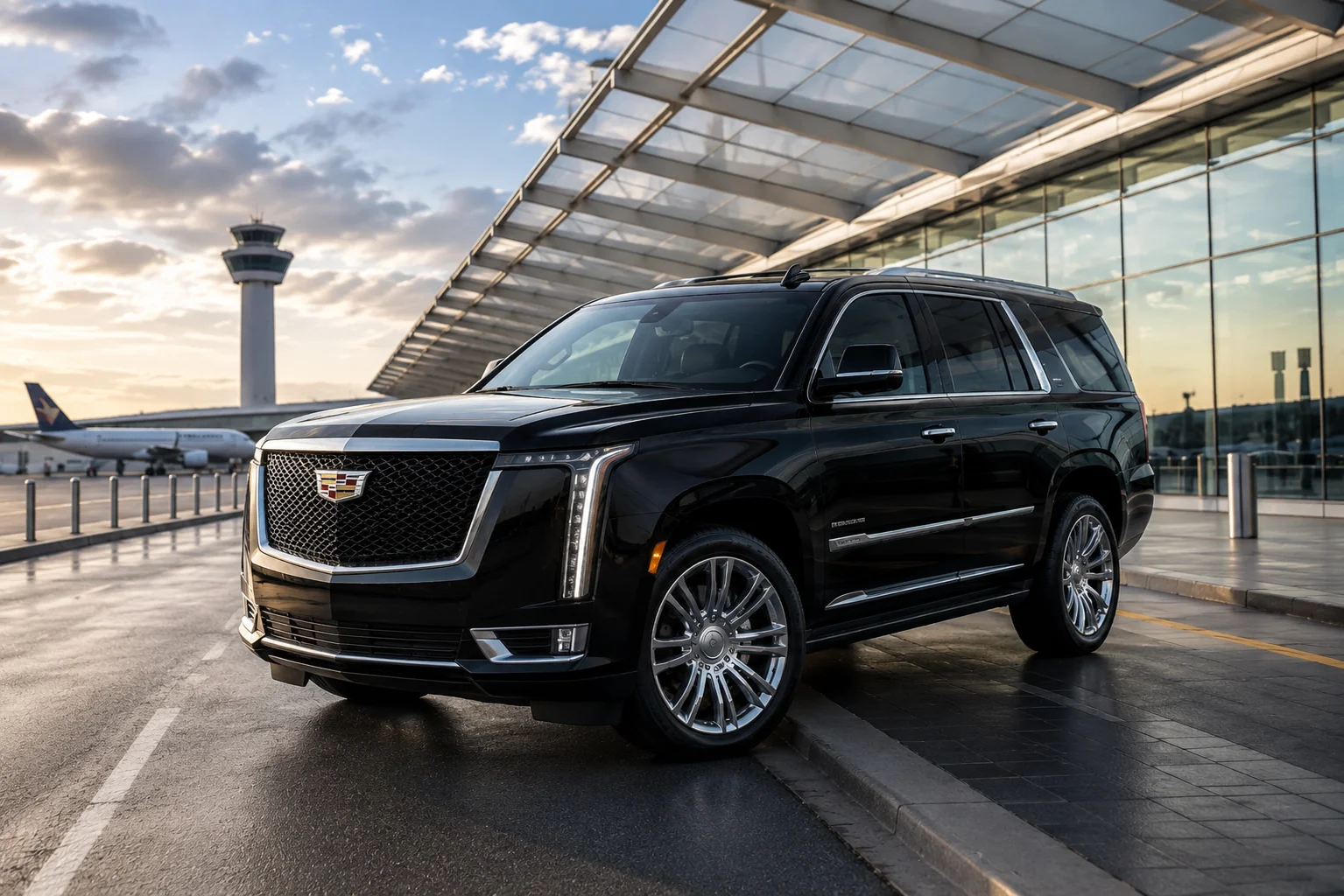 Toronto Pearson Airport car service with black executive vehicle outside airport terminal